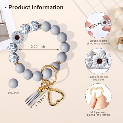 Weixiltc Silicone Bead Keychain Wristlet for Women, Charm Bracelet Key Chains, Car Key Rings Holder for Girls (Daisy Gray) - Image 2