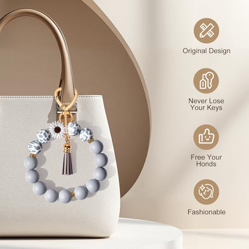 Weixiltc Silicone Bead Keychain Wristlet for Women, Charm Bracelet Key Chains, Car Key Rings Holder for Girls (Daisy Gray) - Image 3