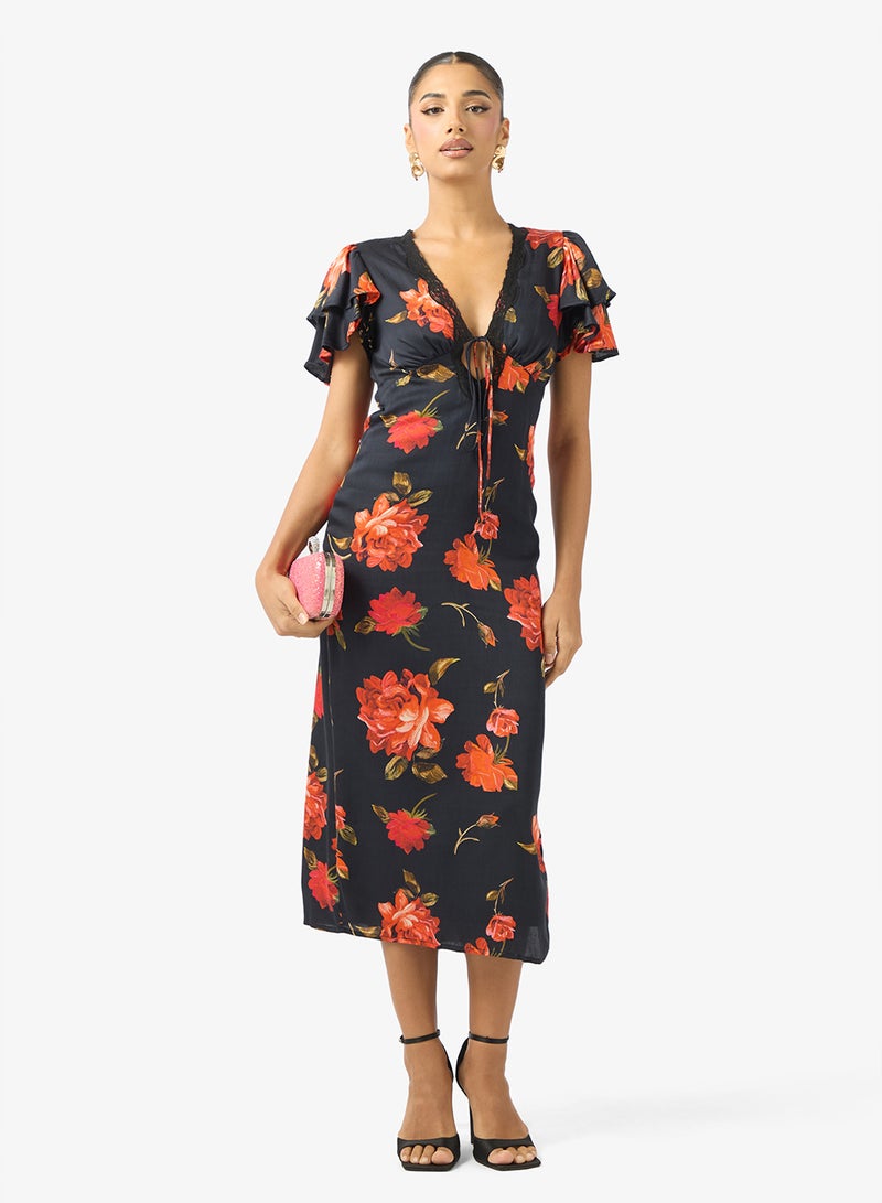 Hope & Ivy Frill Sleeve V-Neck Floral Print  Midi Dress - Image 4