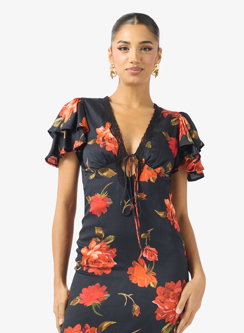 Hope & Ivy Frill Sleeve V-Neck Floral Print  Midi Dress - Image 3