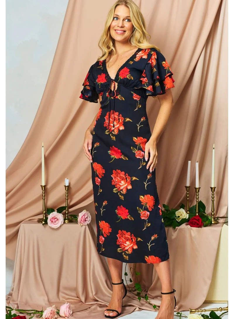 هوب اند ايفي فستان ميدي بطبعات زهور وياقة على شكل حرف  وأكمام مكشكشة