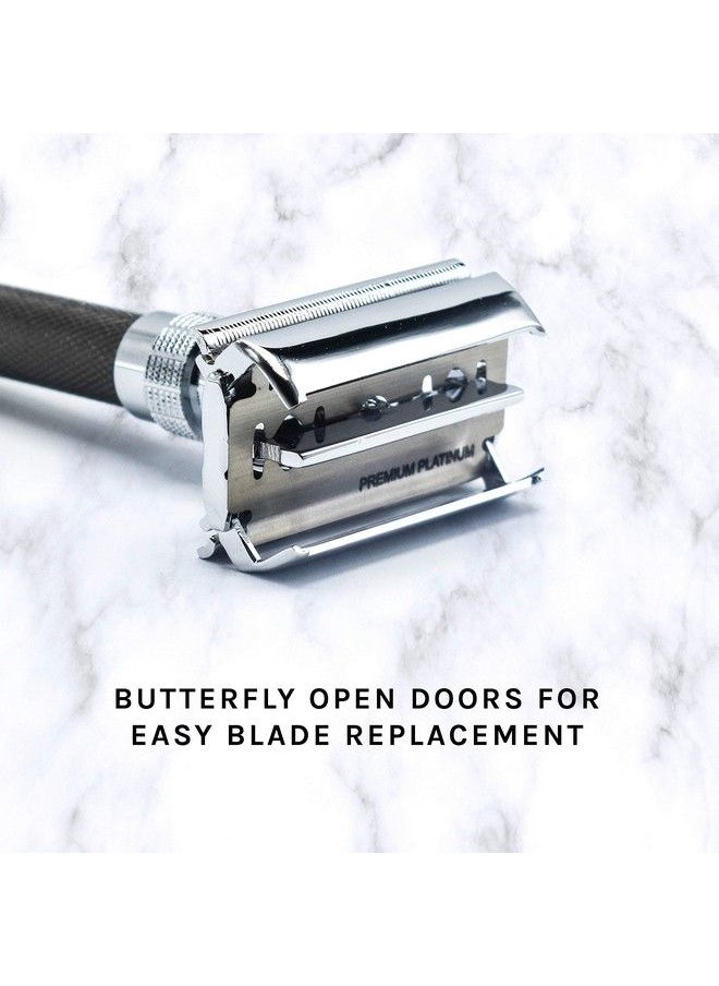 Parker Safety Razor - Parker 96R Graphite Gray Long Handle Butterfly Open Double Edge Safety Razor For Men 5 Parker Premium Platinum Double Edge Razor Blades Included - Image 1