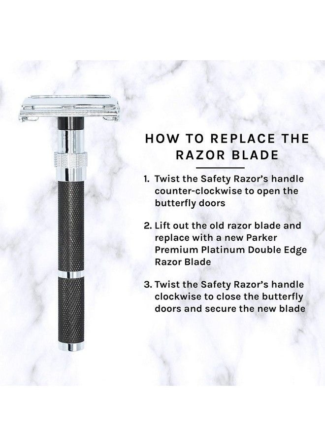 Parker Safety Razor - Parker 96R Graphite Gray Long Handle Butterfly Open Double Edge Safety Razor For Men 5 Parker Premium Platinum Double Edge Razor Blades Included - Image 1