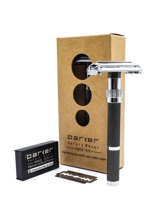 Parker Safety Razor - Parker 96R Graphite Gray Long Handle Butterfly Open Double Edge Safety Razor For Men 5 Parker Premium Platinum Double Edge Razor Blades Included - Image 1