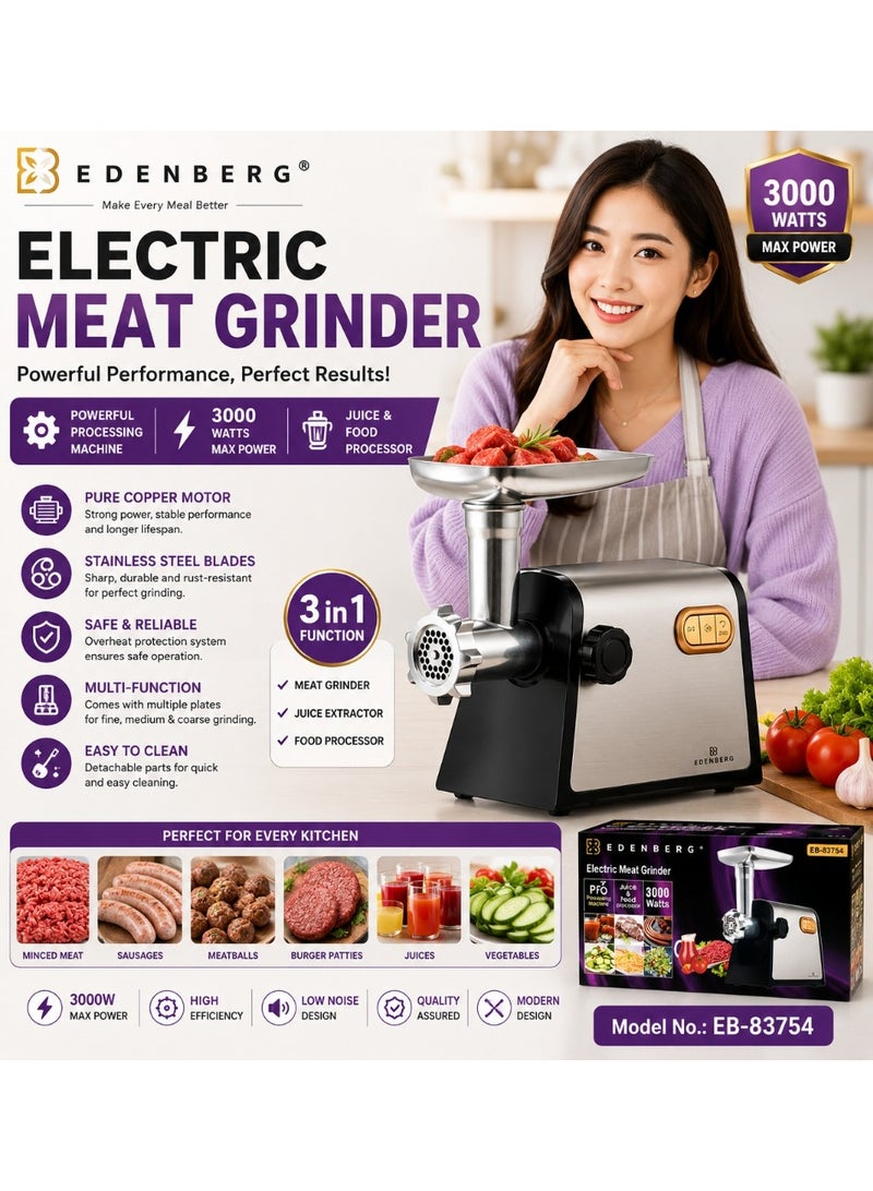 EDENBERG 3000W Electric Meat Grinder 3-in-1 Multifunction Food Processor and Juice Extractor with Pure Copper Motor, Stainless Steel Blades, Multiple Grinding Plates, Low Noise Design and Easy Cleaning for Home Kitchen - Image 1