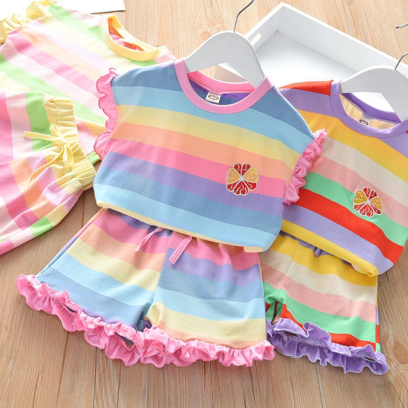 Kids Summer Rainbow Outfit Set Fashionable Shorts and T-Shirt Yellow (set)  - Image 4