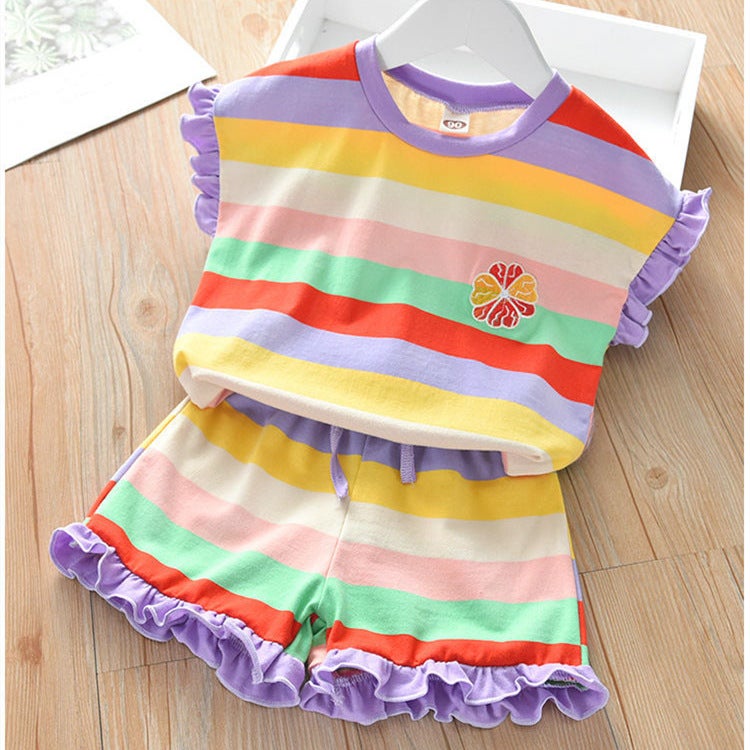 Kids Summer Rainbow Outfit Set Fashionable Shorts and T-Shirt Yellow (set)  - Image 2