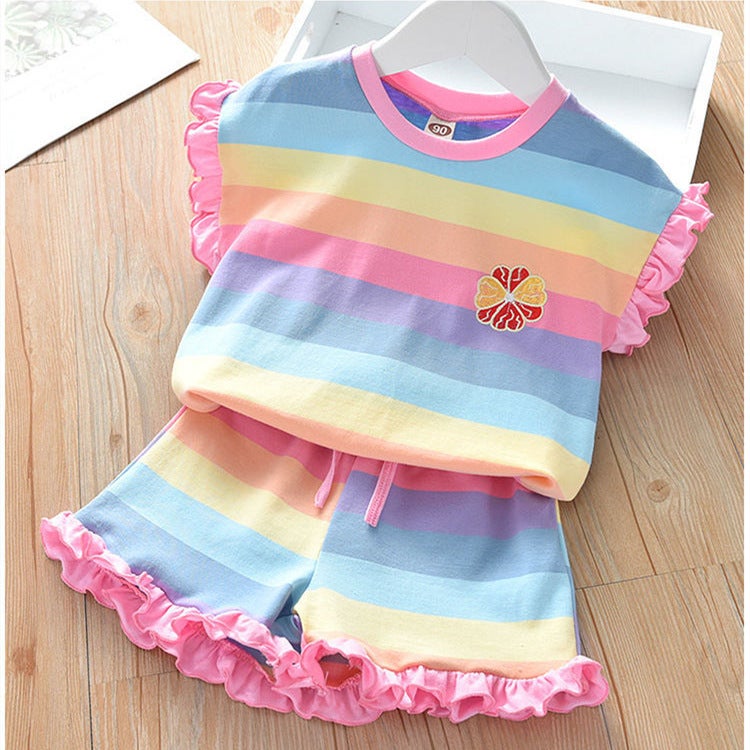 Kids Summer Rainbow Outfit Set Fashionable Shorts and T-Shirt Yellow (set)  - Image 3