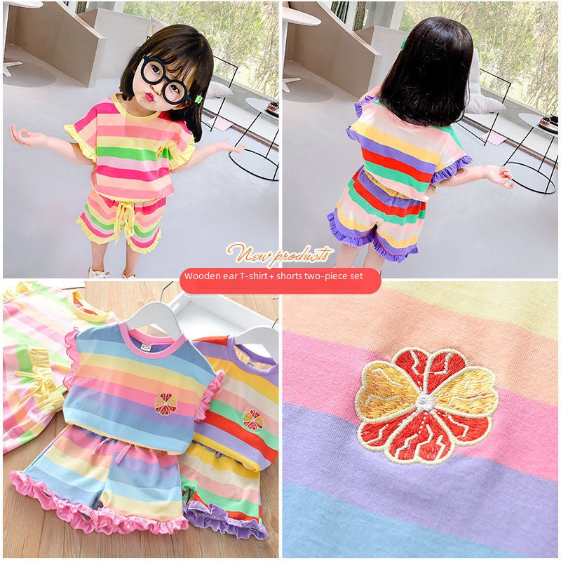 Kids Summer Rainbow Outfit Set Fashionable Shorts and T-Shirt Yellow (set)  - Image 5