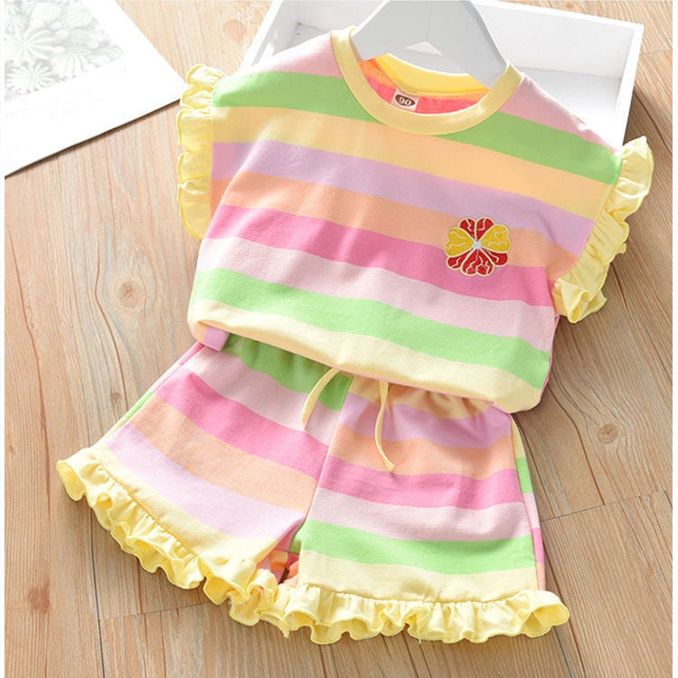 Kids Summer Rainbow Outfit Set Fashionable Shorts and T-Shirt Yellow (set)  - Image 1