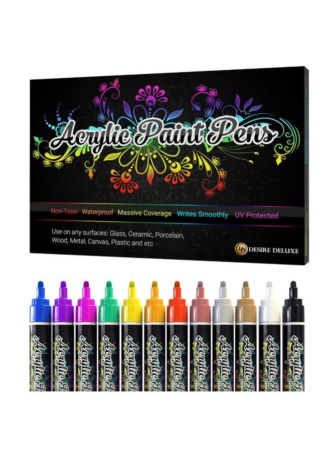 Desire Deluxe Desire Deluxe Acrylic Paint Pens for Rock Painting, Stone, Ceramic, Glass, Wood, Canvas - Set of 12 Non Toxic Water Based Markers - Great Artists Painting Supplies  - Image 1
