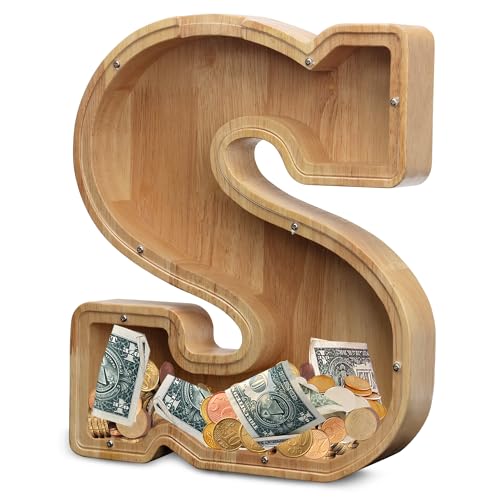 AORCMITN Extra Large Wooden Letter Coin Piggy Bank for Boys Girls Kids Toddler Alphabet S Money Bank InitialS12 - Image 1