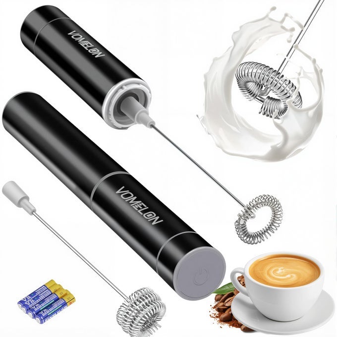 MILK FROTHER HANDHELD BATTERY OPERATED COFFEE FOAMER DRINK MIXER WITH 2 STAINLESS STEEL ELECTRIC WHISKS FOR COFFEE LATTE CAPPUCCINO HOT CHOCOLATE PROTEINEGG BATTERIES INCLUDEDBLACK