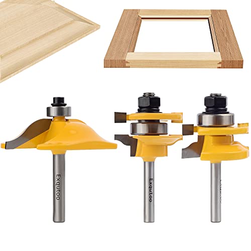 Exqutoo 3PCS 1/4" Shank Router Bit Set, Raised Panel Cabinet Door Making Router Bits, Cemented Carbide Router Bits, Woodworking Tools Router Door & Window Bits (Tenon Joint Cutter Diameter: 1-5/8") - Image 1