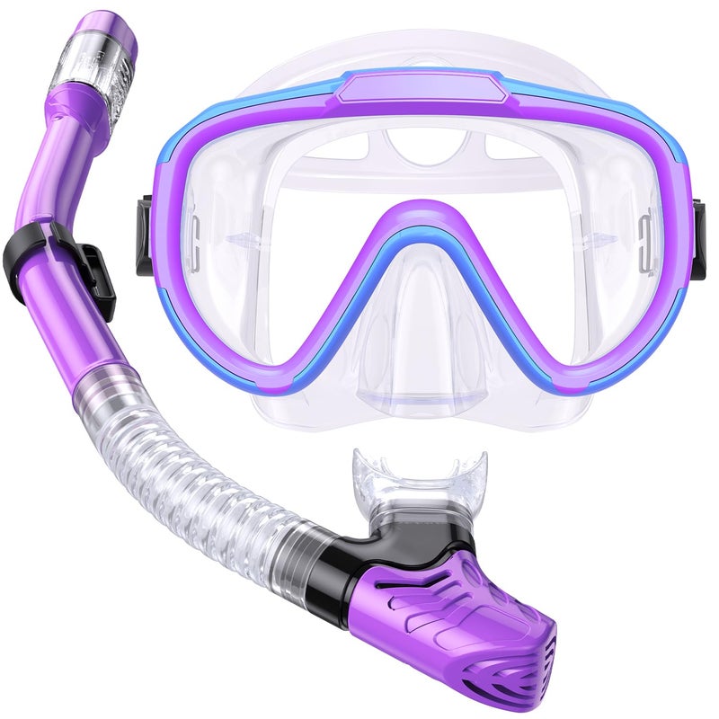 Seovediary Kids Snorkel Set, Anti-Fog Panoramic Tempered Glass Kids Snorkel mask, Anti-Leak Scuba Diving Mask with Mesh Bag, Dry Top Snorkeling Gear for Kids and Youth Age 4-16 - Image 1