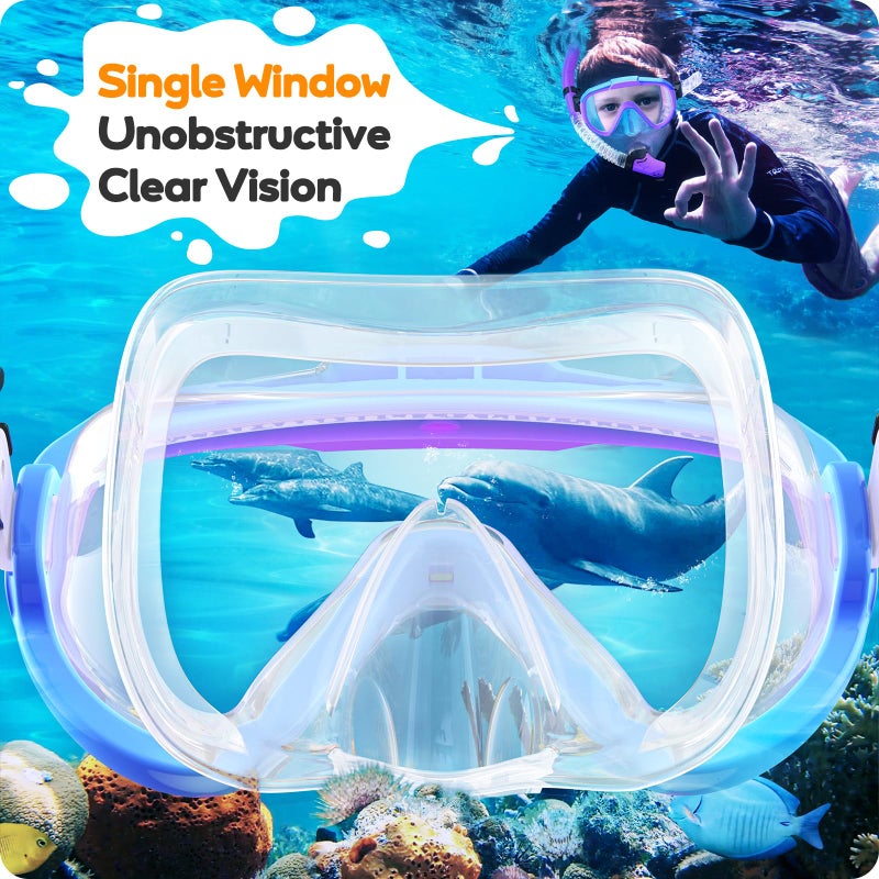 Seovediary Kids Snorkel Set, Anti-Fog Panoramic Tempered Glass Kids Snorkel mask, Anti-Leak Scuba Diving Mask with Mesh Bag, Dry Top Snorkeling Gear for Kids and Youth Age 4-16 - Image 3