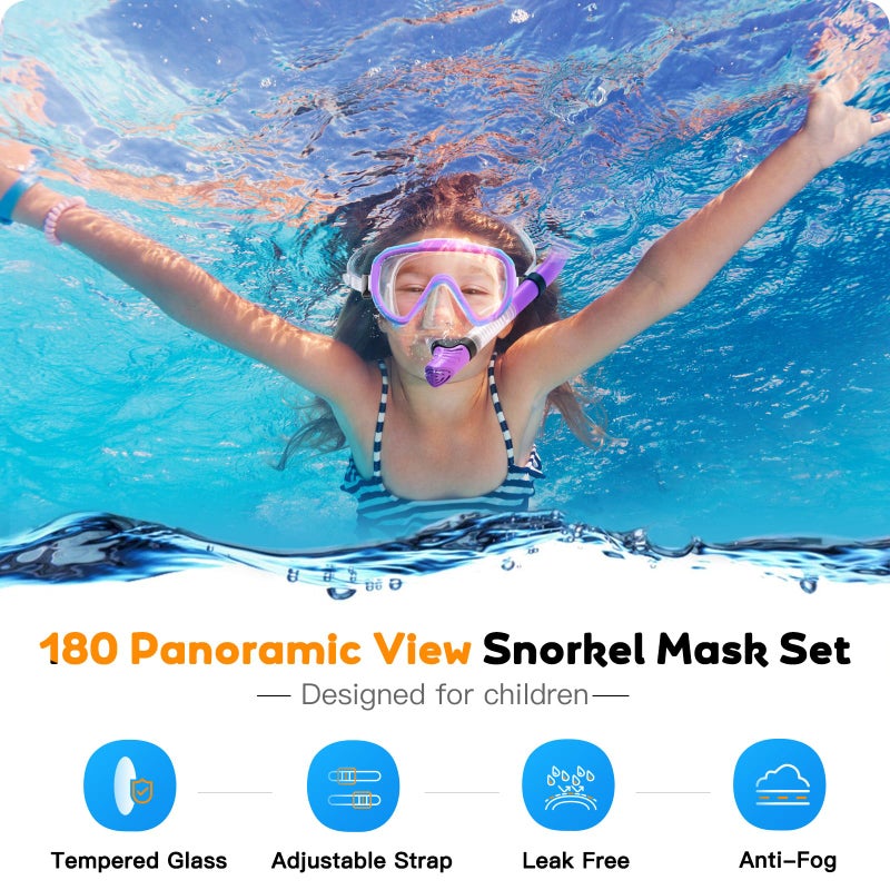 Seovediary Kids Snorkel Set, Anti-Fog Panoramic Tempered Glass Kids Snorkel mask, Anti-Leak Scuba Diving Mask with Mesh Bag, Dry Top Snorkeling Gear for Kids and Youth Age 4-16 - Image 2