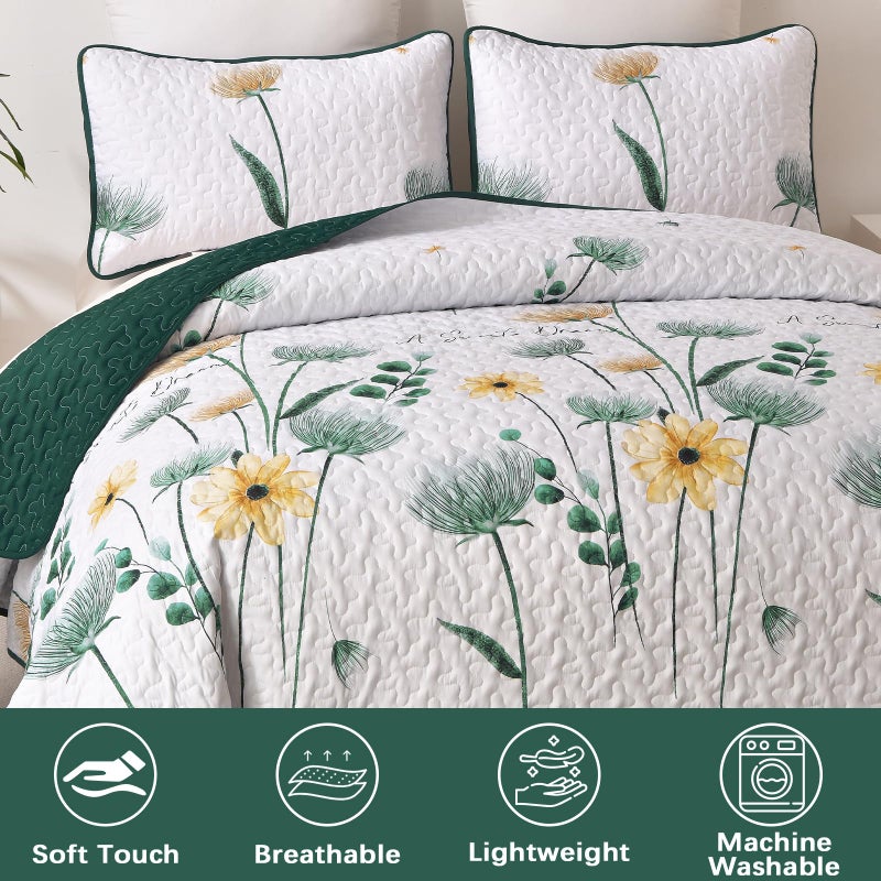 DinjoyOlive Green Floral Quilt Set King Size,3 Pieces Reversible Floral Bedspread Set,Soft Microfiber Farmhouse Coverlet Set for All Seasons - Image 5