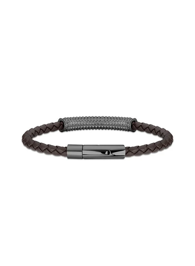 POLICE Hardware Brown Leather and Grey Stainless Steel Bracelet for Men