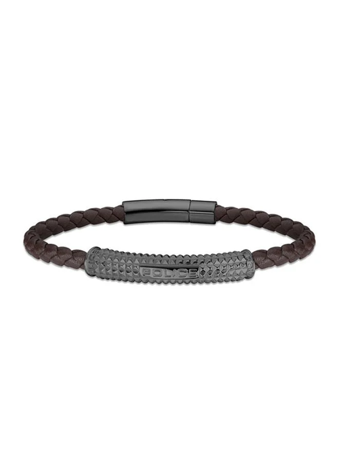 POLICE Hardware Brown Leather and Grey Stainless Steel Bracelet for Men