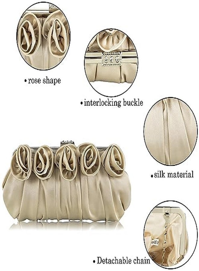 Buric Rose Shaped Evening Purses Flower Satin Clutch Bag Elegant Wedding Handbags With Chain for Cocktail Party Prom Bridal Formal Champagne Clutches - Image 4