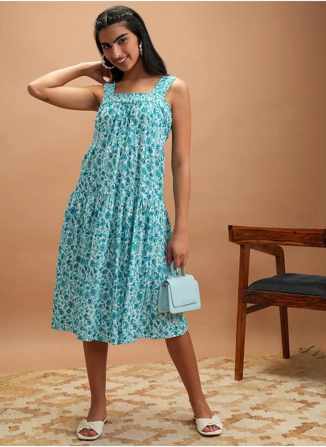 فيشود Vishudh Floral Printed Smocked A-Line Midi Dress