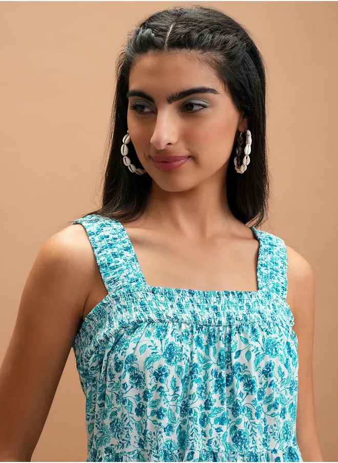 فيشود Vishudh Floral Printed Smocked A-Line Midi Dress