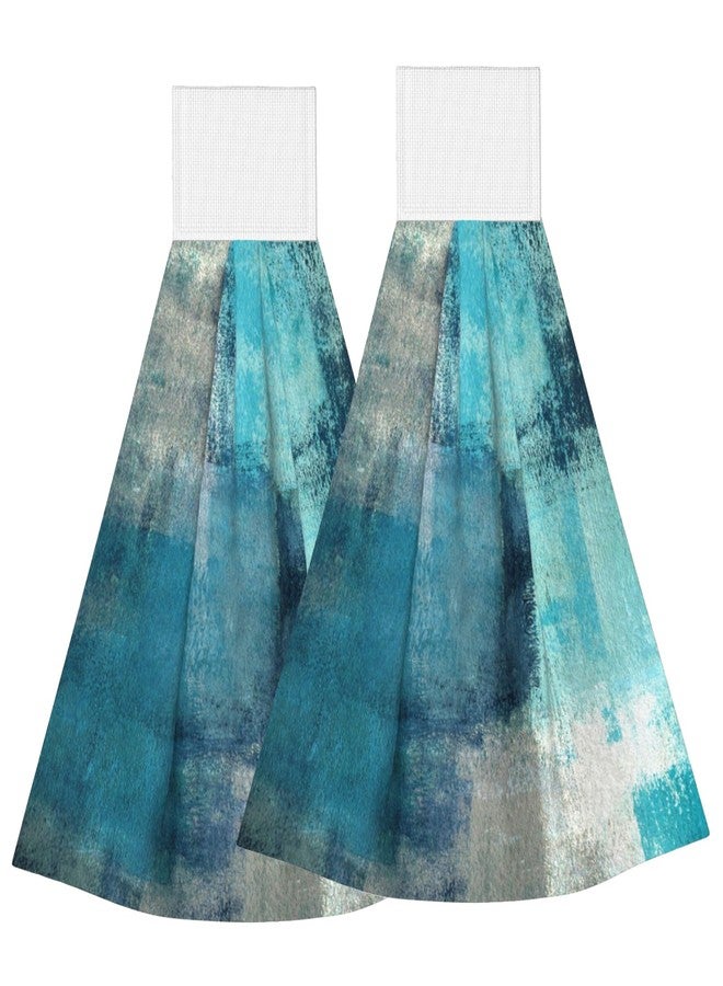 PDDCWAY 2PCS Teal Grey Abstract Art Hanging Kitchen Towel Hand Towels Soft Coral Velvet Loop Dish Towel for Bathroom Washcloth Absorbent Tie Towel - Image 1