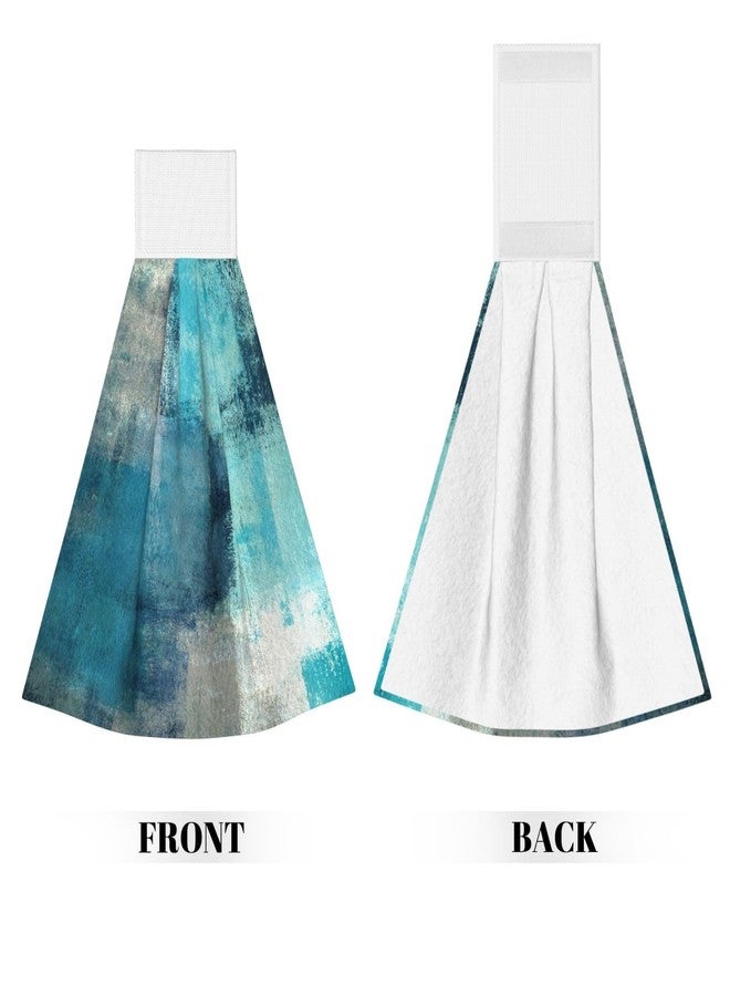 PDDCWAY 2PCS Teal Grey Abstract Art Hanging Kitchen Towel Hand Towels Soft Coral Velvet Loop Dish Towel for Bathroom Washcloth Absorbent Tie Towel - Image 2
