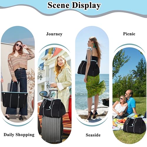 QOGiR Neoprene Multipurpose Beach Bag Tote with Inner Zipper Pocket (Pure Black, X-Large) - Image 4