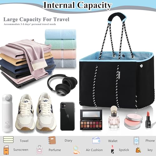 QOGiR Neoprene Multipurpose Beach Bag Tote with Inner Zipper Pocket (Pure Black, X-Large) - Image 2