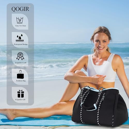 QOGiR Neoprene Multipurpose Beach Bag Tote with Inner Zipper Pocket (Pure Black, X-Large) - Image 3