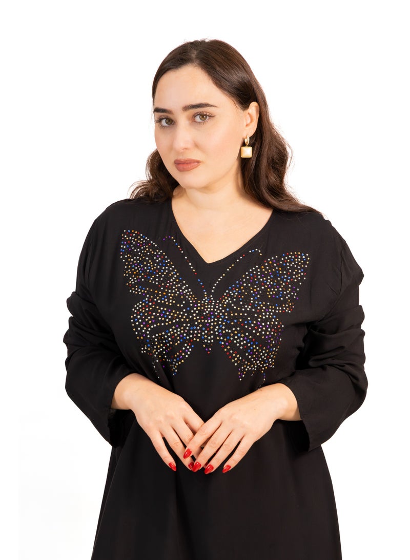 لـيـنـيـل Linelle Black Jalabiya with Multicolor Butterfly Stone Detailing - Image 3