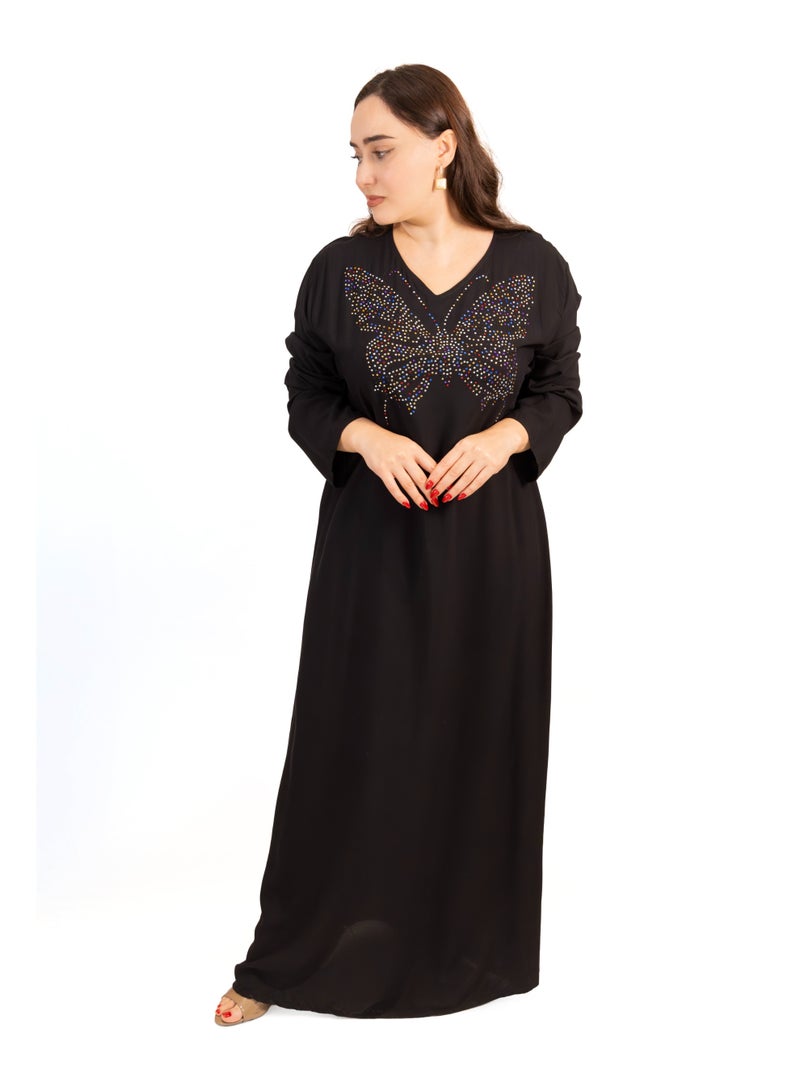 لـيـنـيـل Linelle Black Jalabiya with Multicolor Butterfly Stone Detailing - Image 2