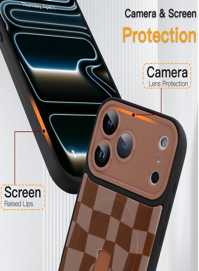 سوكاد جراب SOKAD المغناطيسي بنقشة مربعات لهاتف iPhone 17 Pro مع مسند وحزام للأصابع، متوافق مع MagSafe، تصميم أنيق بنقشة مربعات مناسب للرجال والنساء، غطاء حماية كامل للكاميرا، بني - Image 4