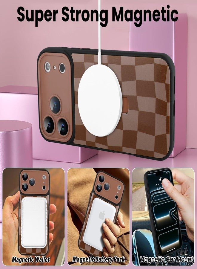 سوكاد جراب SOKAD المغناطيسي بنقشة مربعات لهاتف iPhone 17 Pro مع مسند وحزام للأصابع، متوافق مع MagSafe، تصميم أنيق بنقشة مربعات مناسب للرجال والنساء، غطاء حماية كامل للكاميرا، بني - Image 2