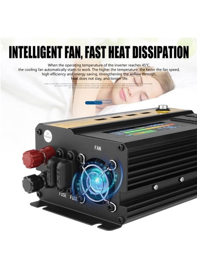 DC12V-AC220V عاكس للطاقة الشمسية 1600 وات، عاكس للطاقة الشمسية، عاكس موجة جيبية، مروحة تبريد مدمجة، منافذ تيار متردد ومنافذ شحن USB مثالية - Image 3