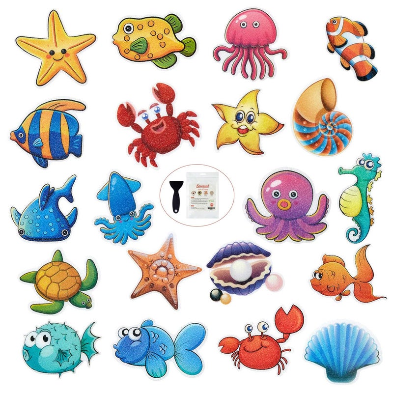 Secopad 20PCS Non Slip Bathtub Stickers Large Sea Adhesive Kids Anti Slip Decal Threads for Shower and Bath Tub with Premium Scraper