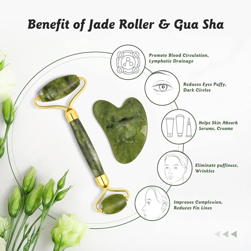 Sifoz Jade Roller & Gua Sha Set Face Roller Anti-Aging Facial Roller Natural Green Jade Beauty Massager Tool Skin Care Tool for Face Neck Eye to Reduce Wrinkles and Relax Body Muscles - Image 2