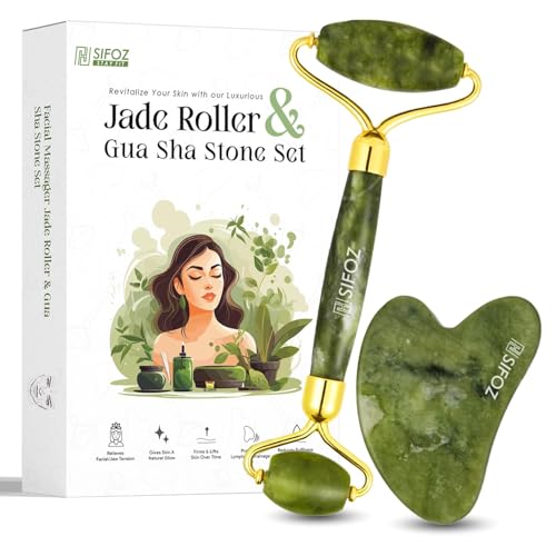 Sifoz Jade Roller & Gua Sha Set Face Roller Anti-Aging Facial Roller Natural Green Jade Beauty Massager Tool Skin Care Tool for Face Neck Eye to Reduce Wrinkles and Relax Body Muscles - Image 1