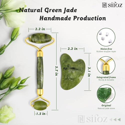 Sifoz Jade Roller & Gua Sha Set Face Roller Anti-Aging Facial Roller Natural Green Jade Beauty Massager Tool Skin Care Tool for Face Neck Eye to Reduce Wrinkles and Relax Body Muscles - Image 3