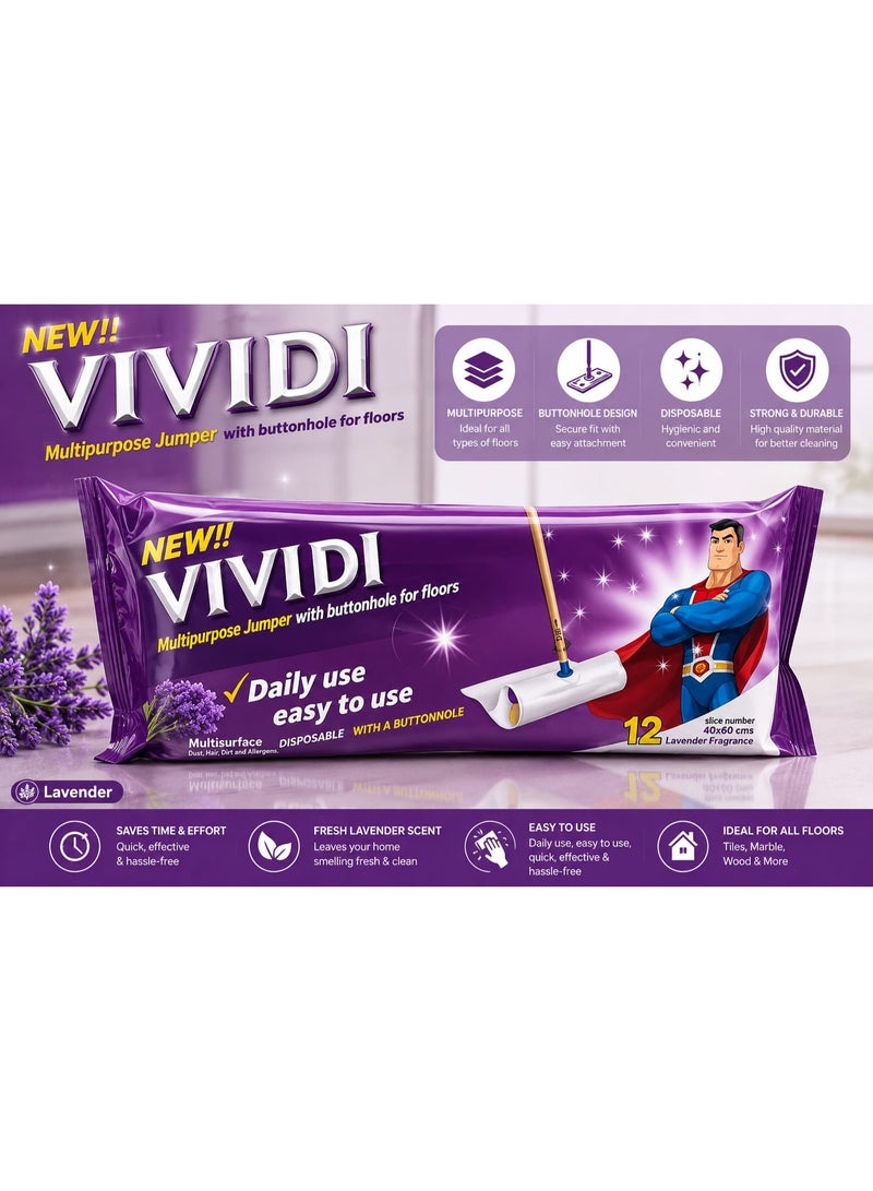 أوراق غيار ممسحة VIVIDI متعددة الاستخدامات وتُستعمل لمرة واحدة – برائحة اللافندر، مناديل تنظيف الأرضيات | 12 ورقة بتصميم فتحات تثبيت - Image 1