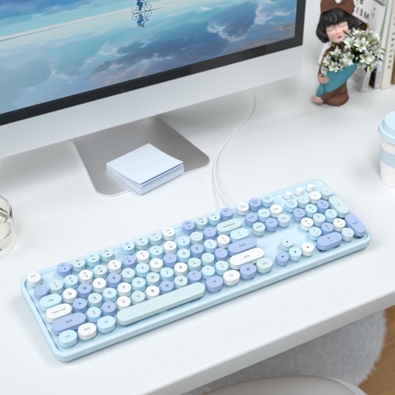 MOFII Computer Keyboards Wired, Plug Play USB Full Size Typewriter Keyboard, Cute Colorful Aesthetic Keyboard with Foldable Stands for Windows PC Laptop (Blue Colorful) - Image 5