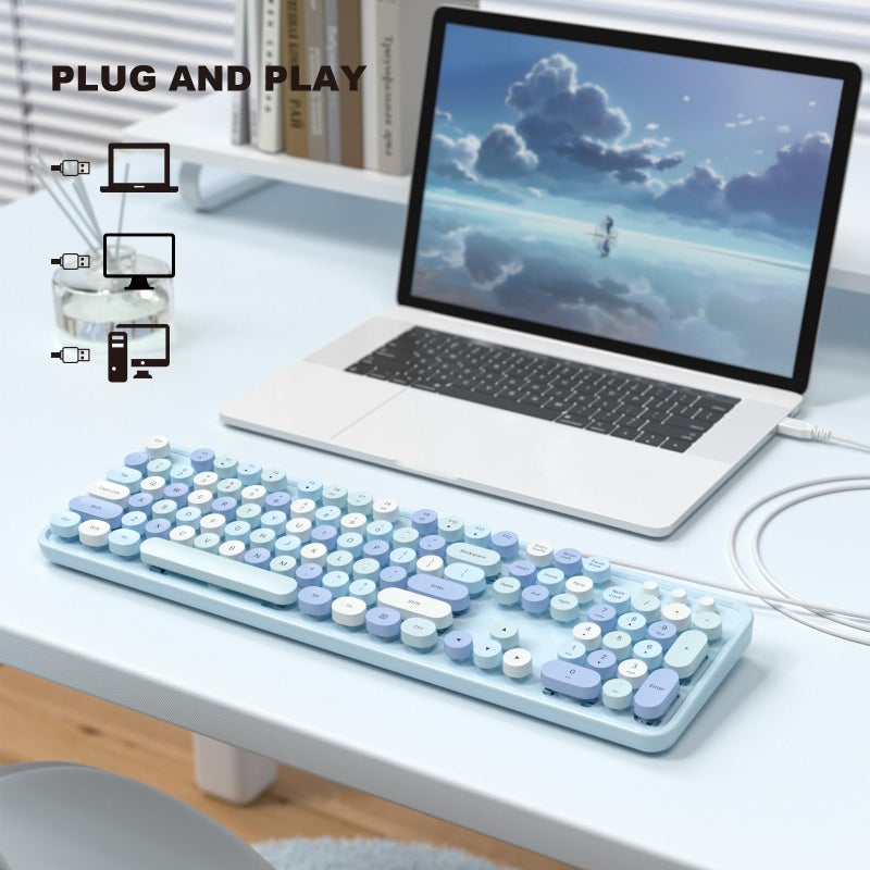 MOFII Computer Keyboards Wired, Plug Play USB Full Size Typewriter Keyboard, Cute Colorful Aesthetic Keyboard with Foldable Stands for Windows PC Laptop (Blue Colorful) - Image 2