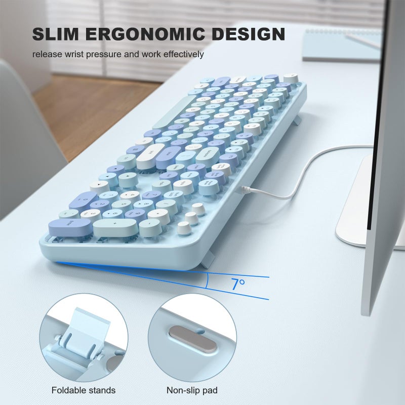 MOFII Computer Keyboards Wired, Plug Play USB Full Size Typewriter Keyboard, Cute Colorful Aesthetic Keyboard with Foldable Stands for Windows PC Laptop (Blue Colorful) - Image 3