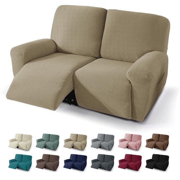 4 PIECES RECLINER LOVESEAT COVERS STRETCH RECLINER SOFA SLIPCOVER WITH ELASTIC BOTTOM JACQUARD FITTED RECLINING COUCH COVER FURNITURE PROTECTOR WITH POCKETS 2 SEATER KHAKI