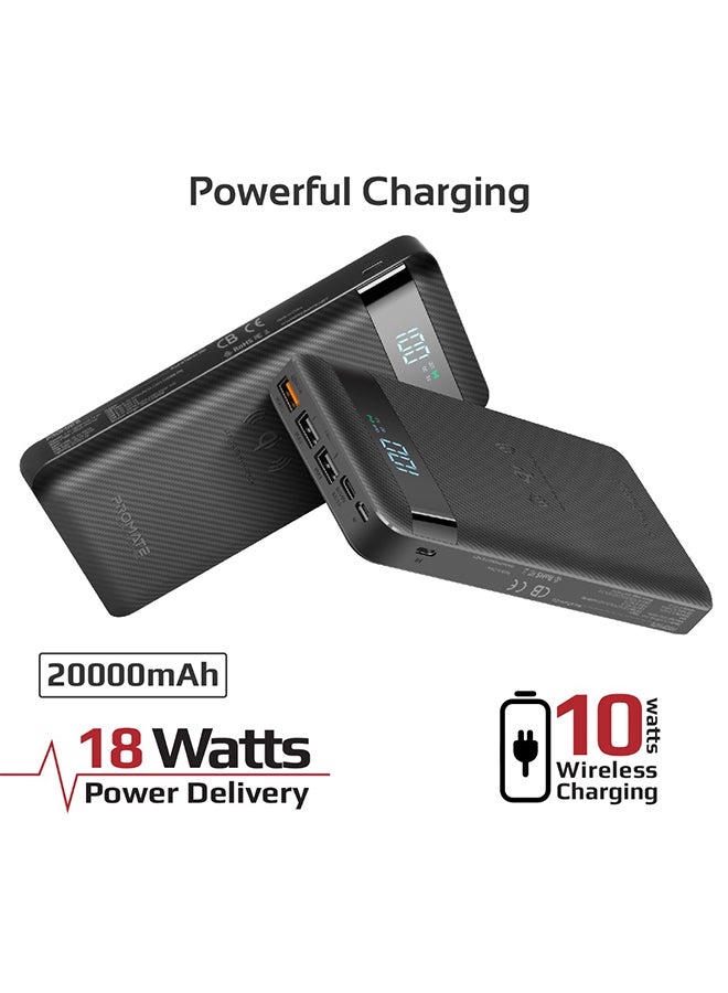PROMATE 20000 mAh Qi Wireless Power Bank, 2-In-1 Usb-C 18W Power Delivery Portable Charger And 10W Qi Fast Wireless Charger With Qc 3.0 Three Usb Port, 3 Input Port And Led Display For Iphone Black - Image 5