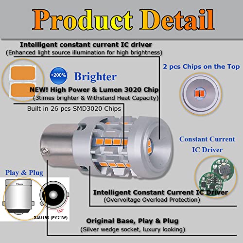 Eluseastar S25 PY21W BAU15S 7507 LED Bulbs Amber Built in Resistor Anti Hyper Flashing Turn Signal Light Extremely Bright Blinker, 2 Pack - Image 4