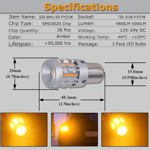 Eluseastar S25 PY21W BAU15S 7507 LED Bulbs Amber Built in Resistor Anti Hyper Flashing Turn Signal Light Extremely Bright Blinker, 2 Pack - Image 3