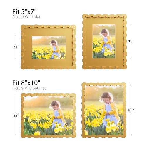 THKRLOF 8x10 Picture Frame with Mat for 5x7, Wavy Edge Wooden Real Glass Photo Frame for Tabletop and Wall Hanging, Yellow, 1 Pack - Image 4